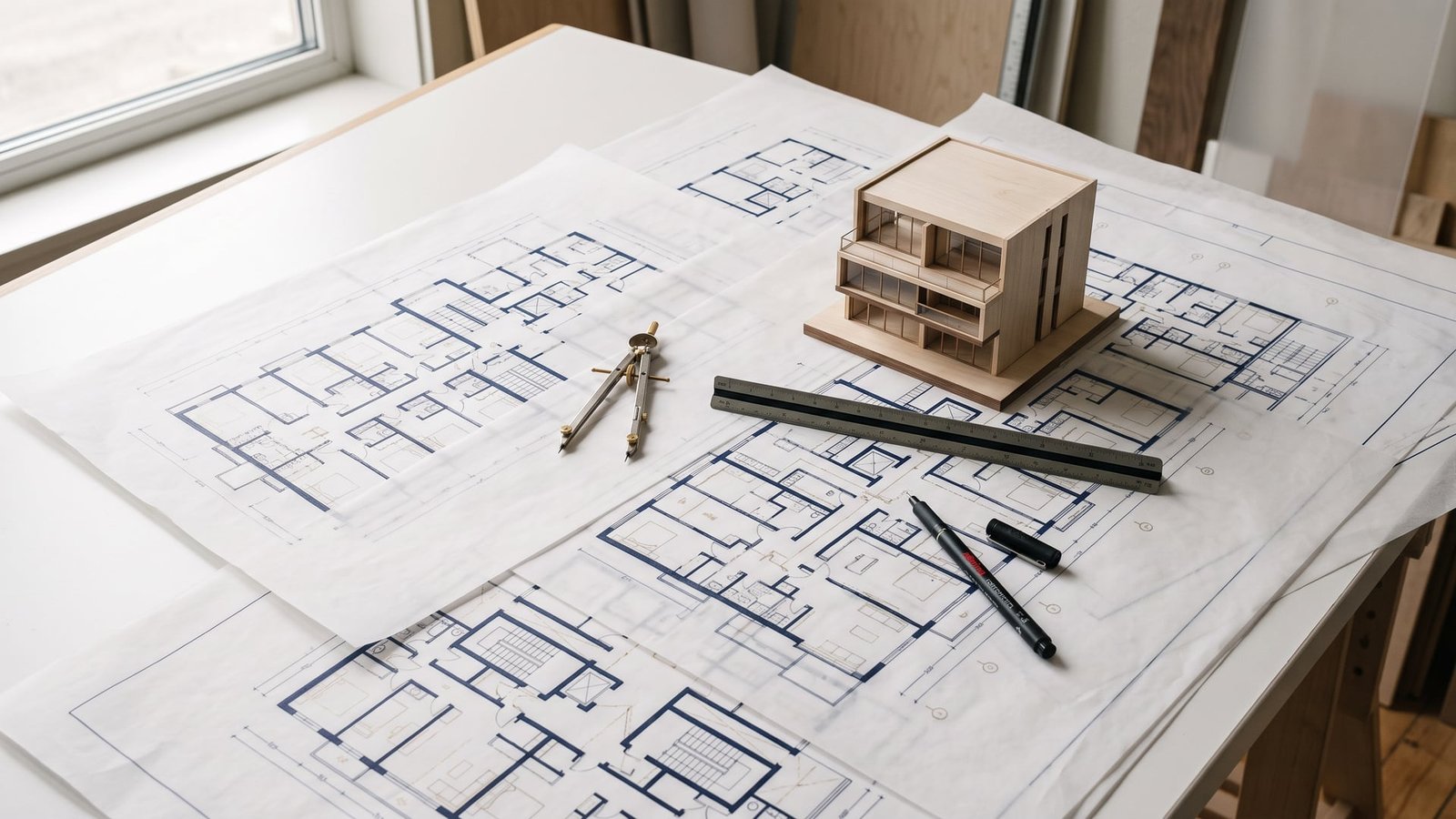 Plans d’architecte d’un appartement neuf déployés sur une table lumineuse