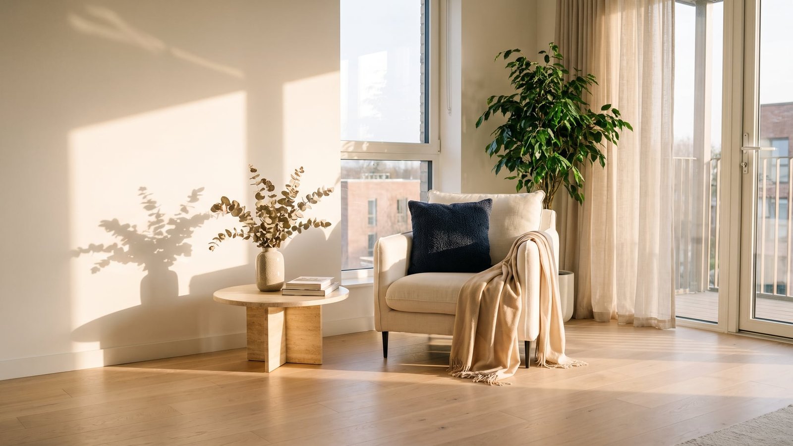 Séjour lumineux d’un appartement neuf ouvert sur une terrasse végétalisée