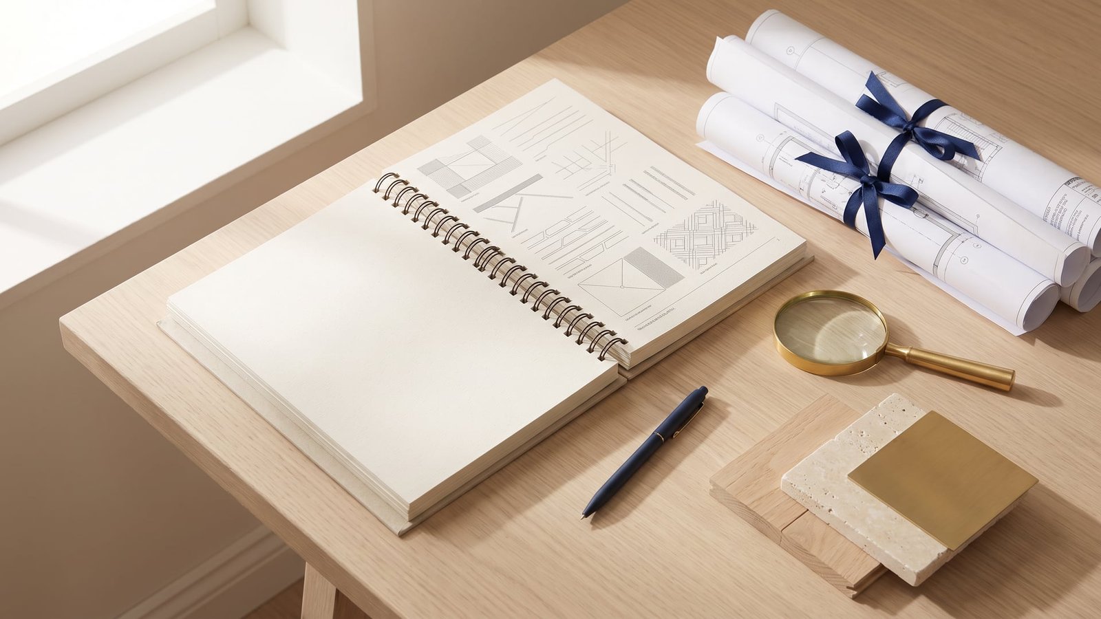 Notice descriptive et plans d’un programme immobilier neuf posés sur une table de travail claire