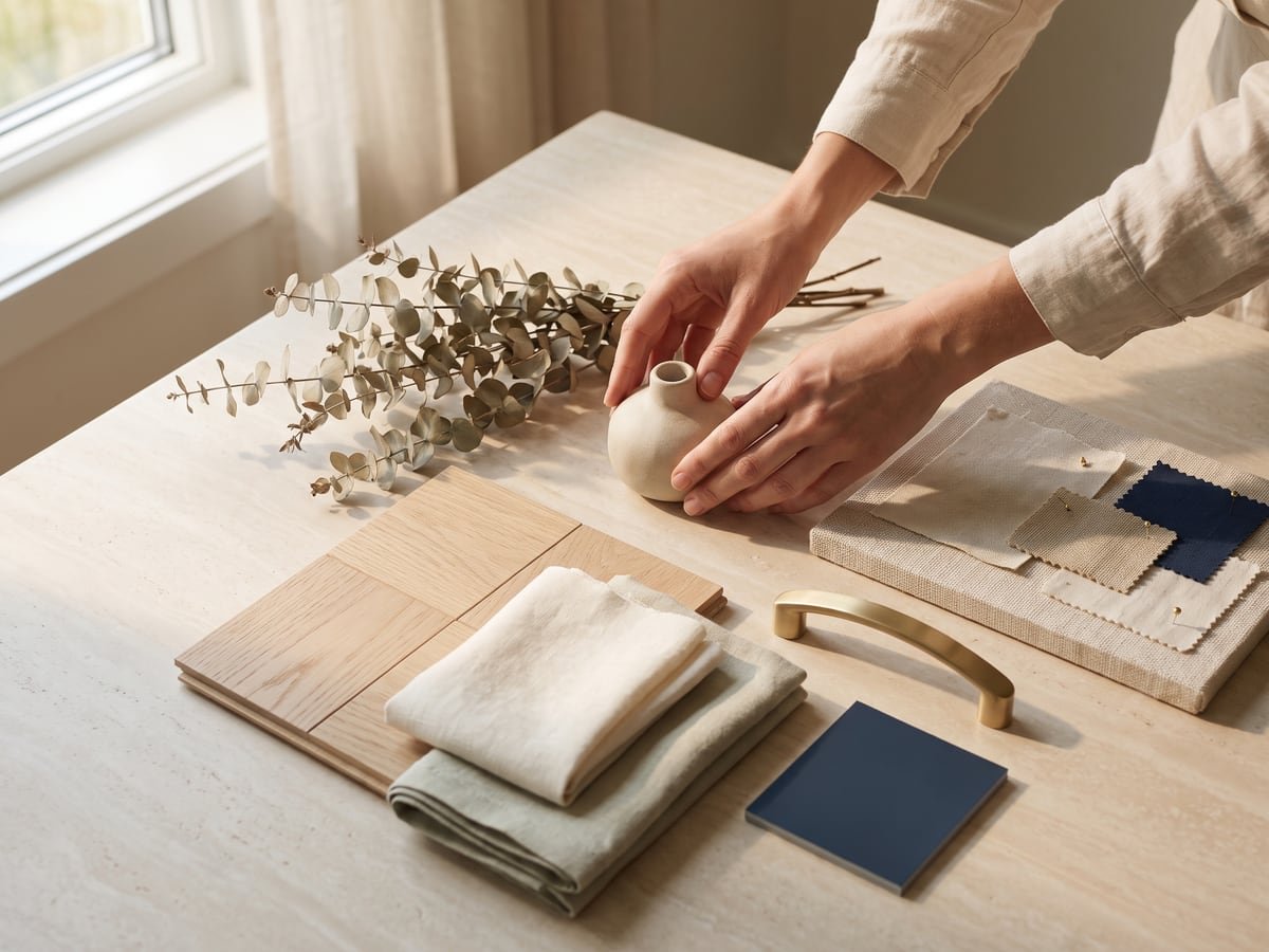 Échantillons de matériaux et planche d’ambiance disposés sur une table en pierre claire