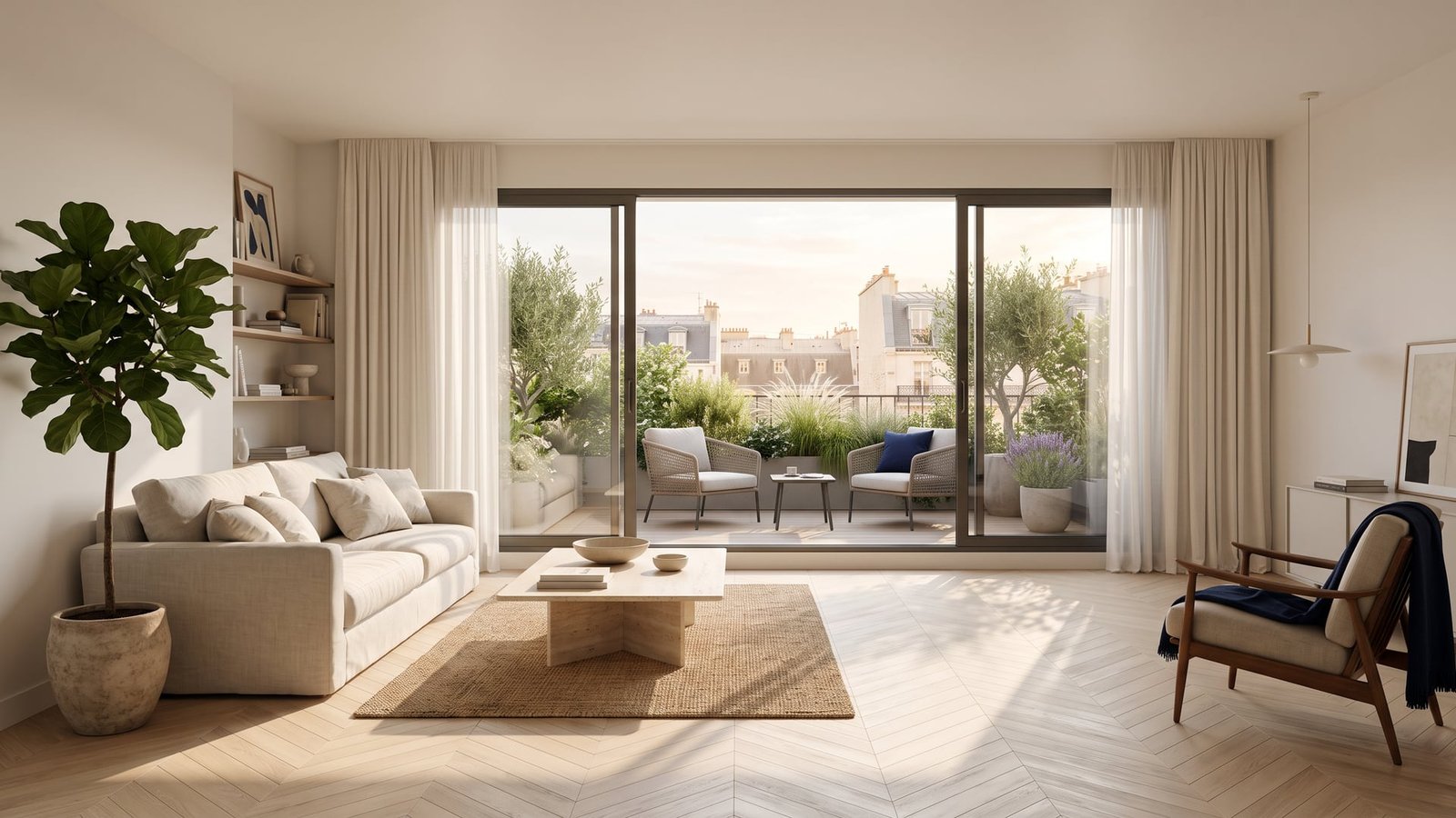 Terrasse d’un logement neuf donnant sur un environnement calme et végétalisé
