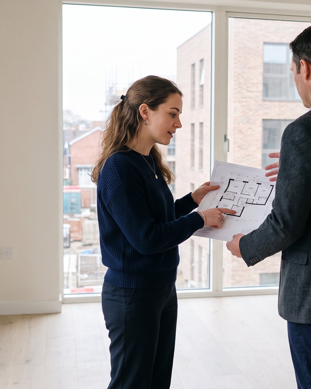 Jeune couple découvrant les plans d’un appartement neuf lors d’une visite accompagnée