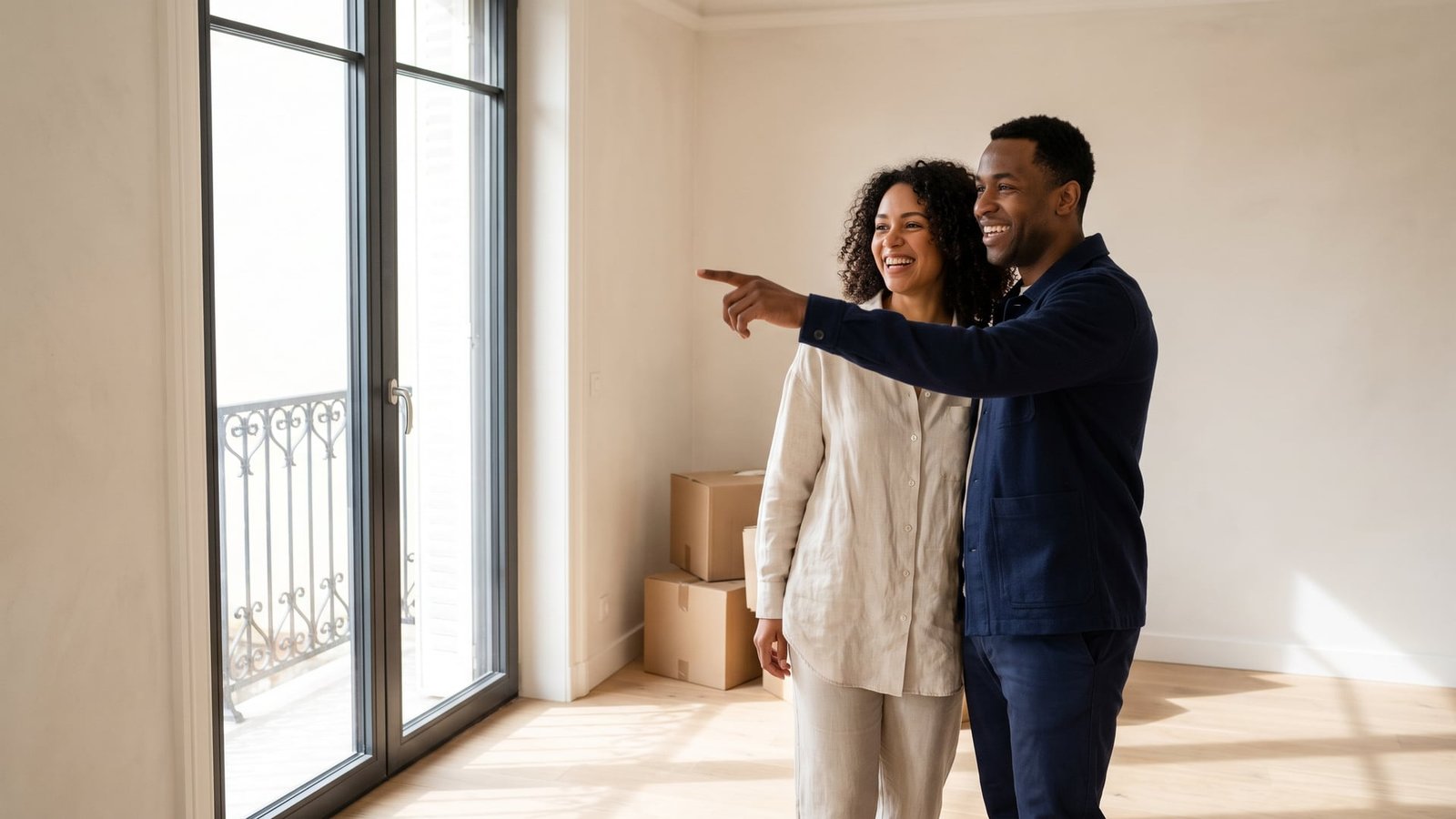 Séjour lumineux d'un appartement neuf avec baie vitrée ouverte sur une terrasse
