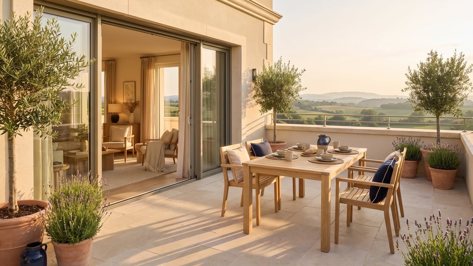 Terrasse lumineuse d’un appartement neuf ouvert sur un paysage naturel en fin de journée
