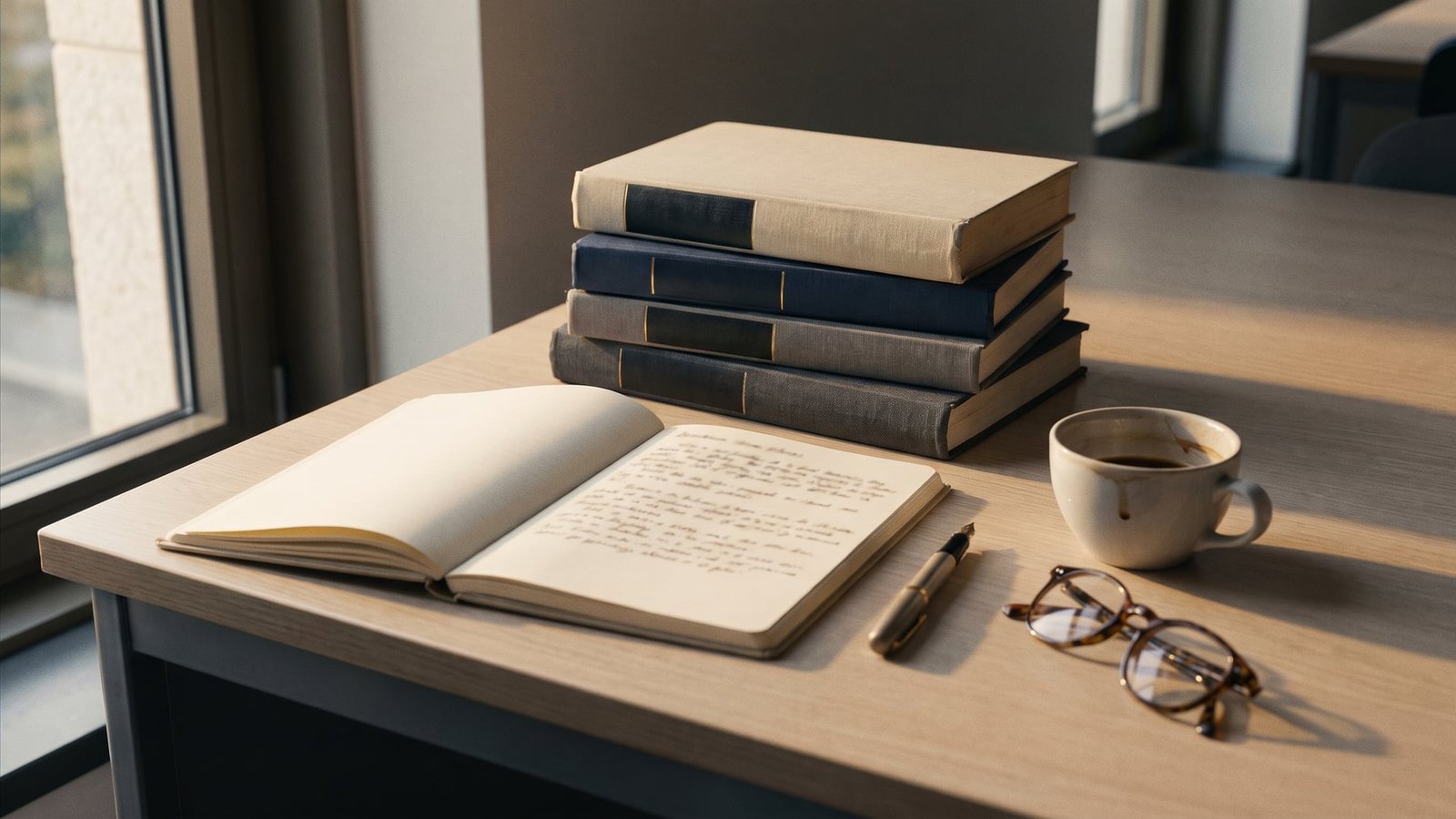 Bureau d’étude avec ouvrages, carnet et stylo dans une lumière douce