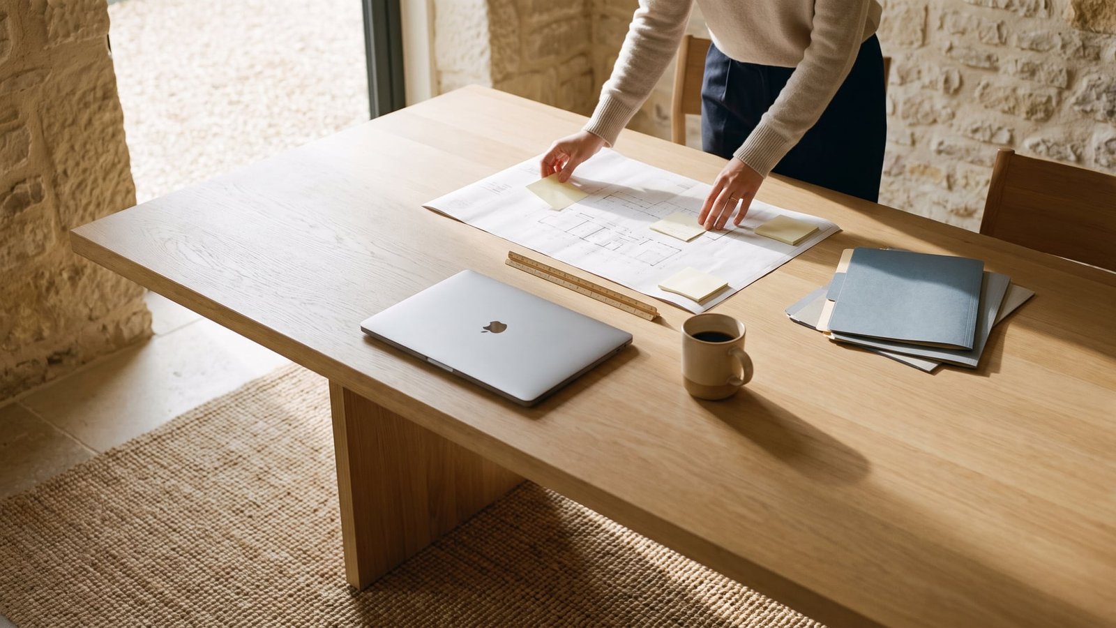 Table de travail avec plans déroulés, dossiers et notes