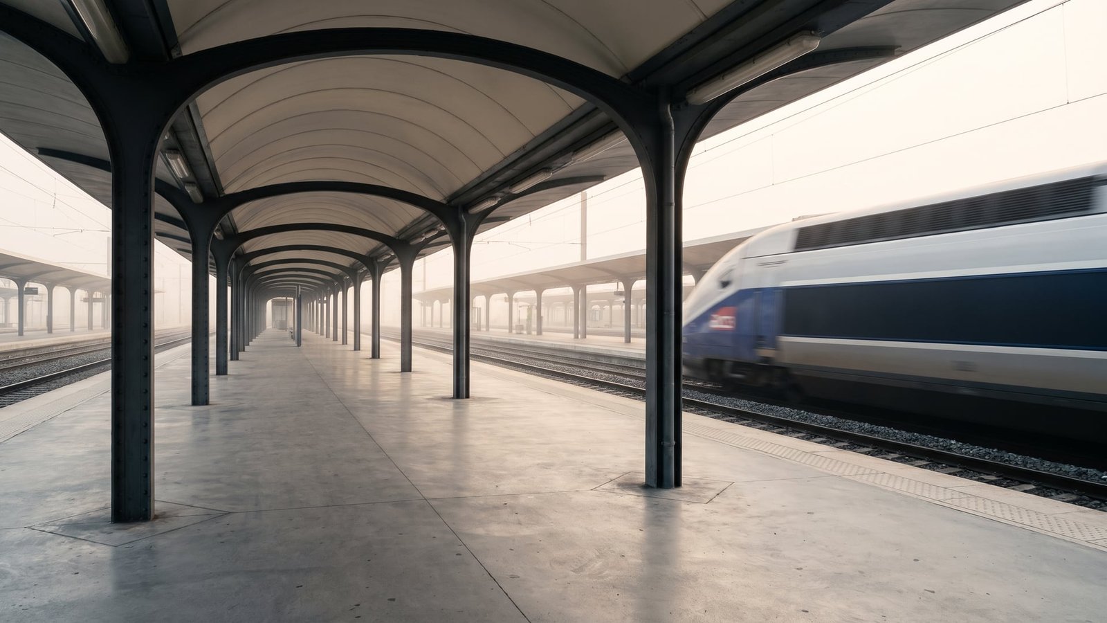 Quai de gare au petit matin, structure d’auvent en perspective